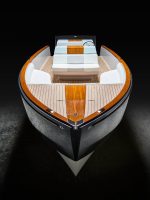 A bow view of an electric yacht