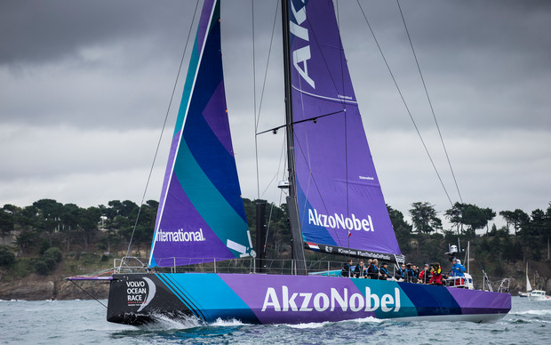 A purple and blue Volvo Ocean Race yacht