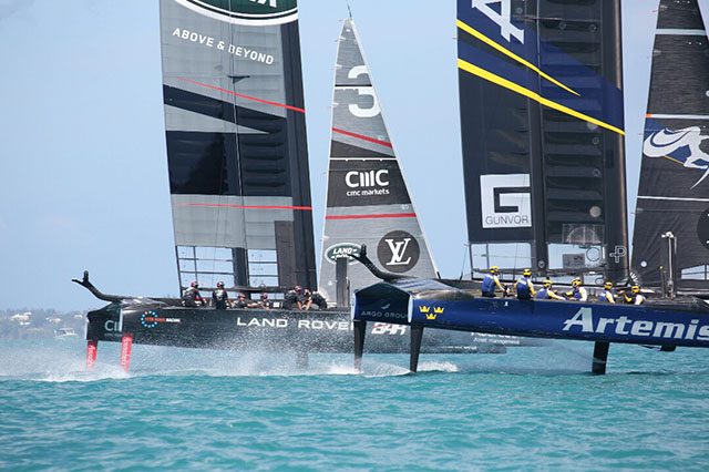 Two America's Cup racing boat battle on the waters of Bermuda