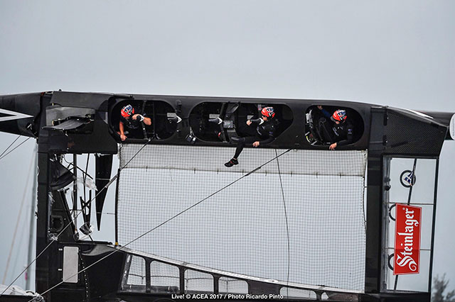 A capsized catamaran