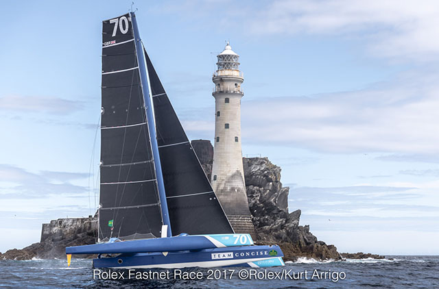 A M70 rounding the Fastnet Rock during the 2017 Fastnet Race