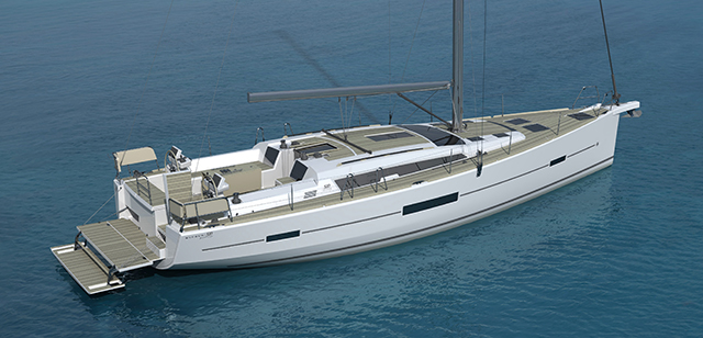 A render of a white Dufour yacht