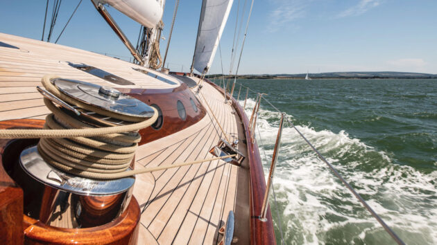 Teak decks have been the traditional covering for a quality yacht, yet modern alternatives are far cheaper and, some would argue, even better. Spirit Yachts, for example, offers a Douglas fir option for their decking. Credit: Spirit Yachts