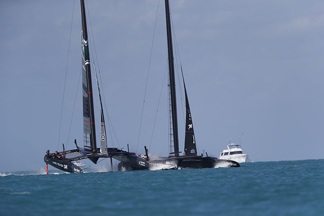 Two America;s Cup race boat collide on the water