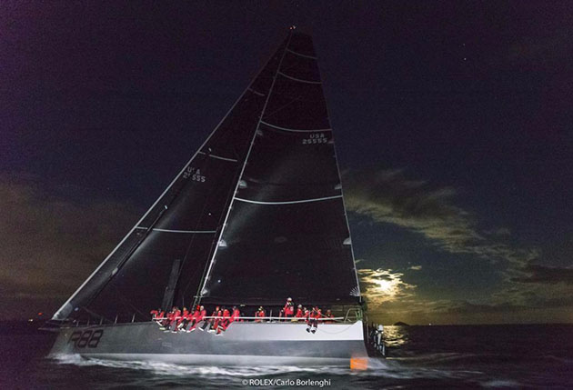 A monohull with crew dressed in red finished the Fastnet Race