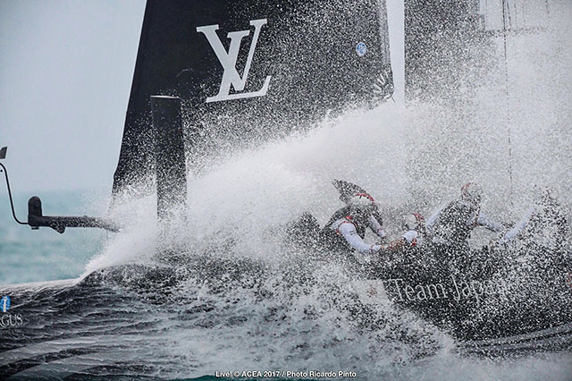 White spray flies over the deck of SoftBank Team Japan's America's Cup cat - Hikari