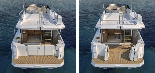 A drawing of the rear of a white Swift Trawler 35