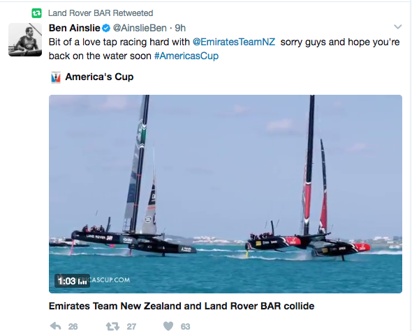 A tweet written by America's Cup skipper Sir Ben Ainslie after the incident 