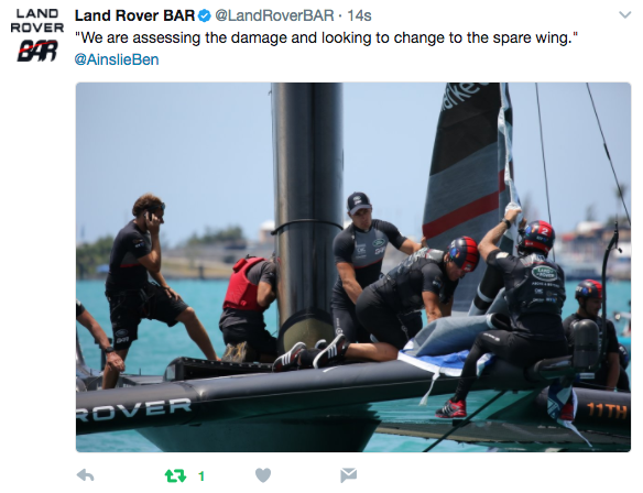 America's Cup team Land Rover BAR tweet after damage to their wing